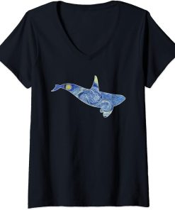 Womens Orca Van Gogh Starry Night Art Van Gogh Painting Whale V-Neck T-Shirt