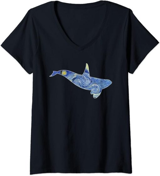 Womens Orca Van Gogh Starry Night Art Van Gogh Painting Whale V-Neck T-Shirt