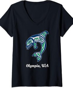 Womens Blue Green Native American Olympia WA Orca Killer Whale V-Neck T-Shirt