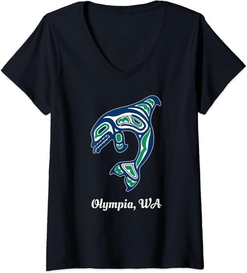 Womens Blue Green Native American Olympia WA Orca Killer Whale V-Neck T-Shirt