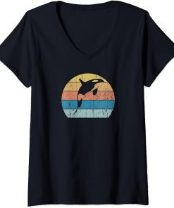 Womens Orca Killer Whale Dolphin Retro Vintage Sunset Orca Whale V-Neck T-Shirt