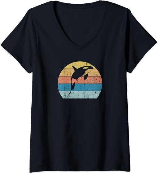 Womens Orca Killer Whale Dolphin Retro Vintage Sunset Orca Whale V-Neck T-Shirt