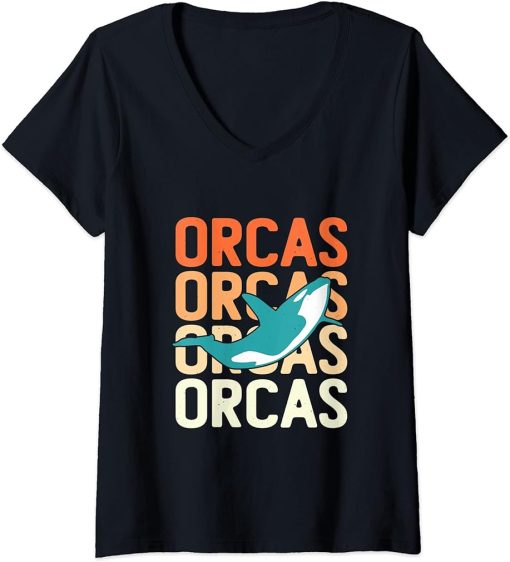 Womens Retro Vintage Whale Orca Squad Orca Squad Whale Sea Animal V-Neck T-Shirt