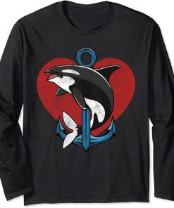 Orca And Anchors Heart Save The Ocean Protect Orcas Long Sleeve T-Shirt