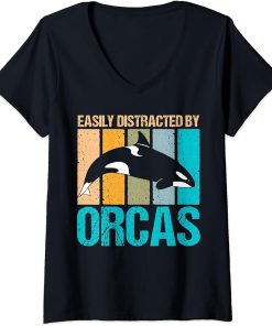 Womens Retro Easily distracted by orcas design cute orca V-Neck T-Shirt