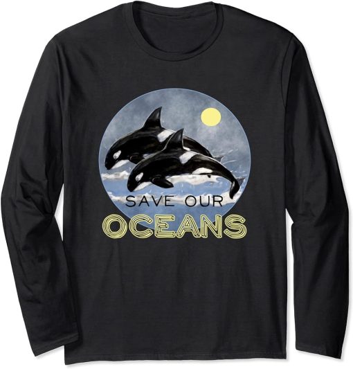 Save Our Oceans Orca Killer Whale Art Retro Style Climate Long Sleeve T-Shirt