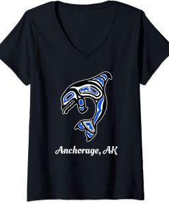Womens Blue Native American Anchorage AK Tribal Orca Killer Whale V-Neck T-Shirt